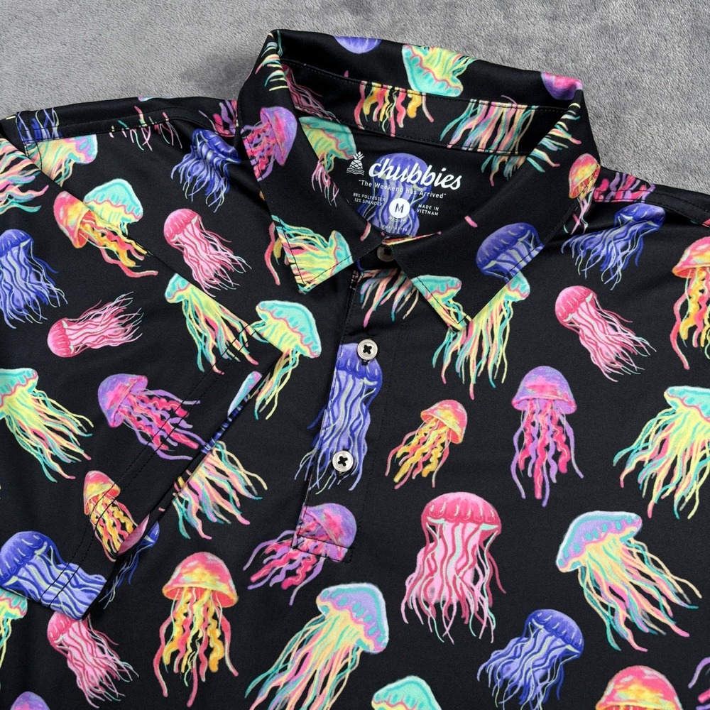 Chubbies Polo Mens Medium Black Don't Be Jelly Neon Jellyfish Performance Golf